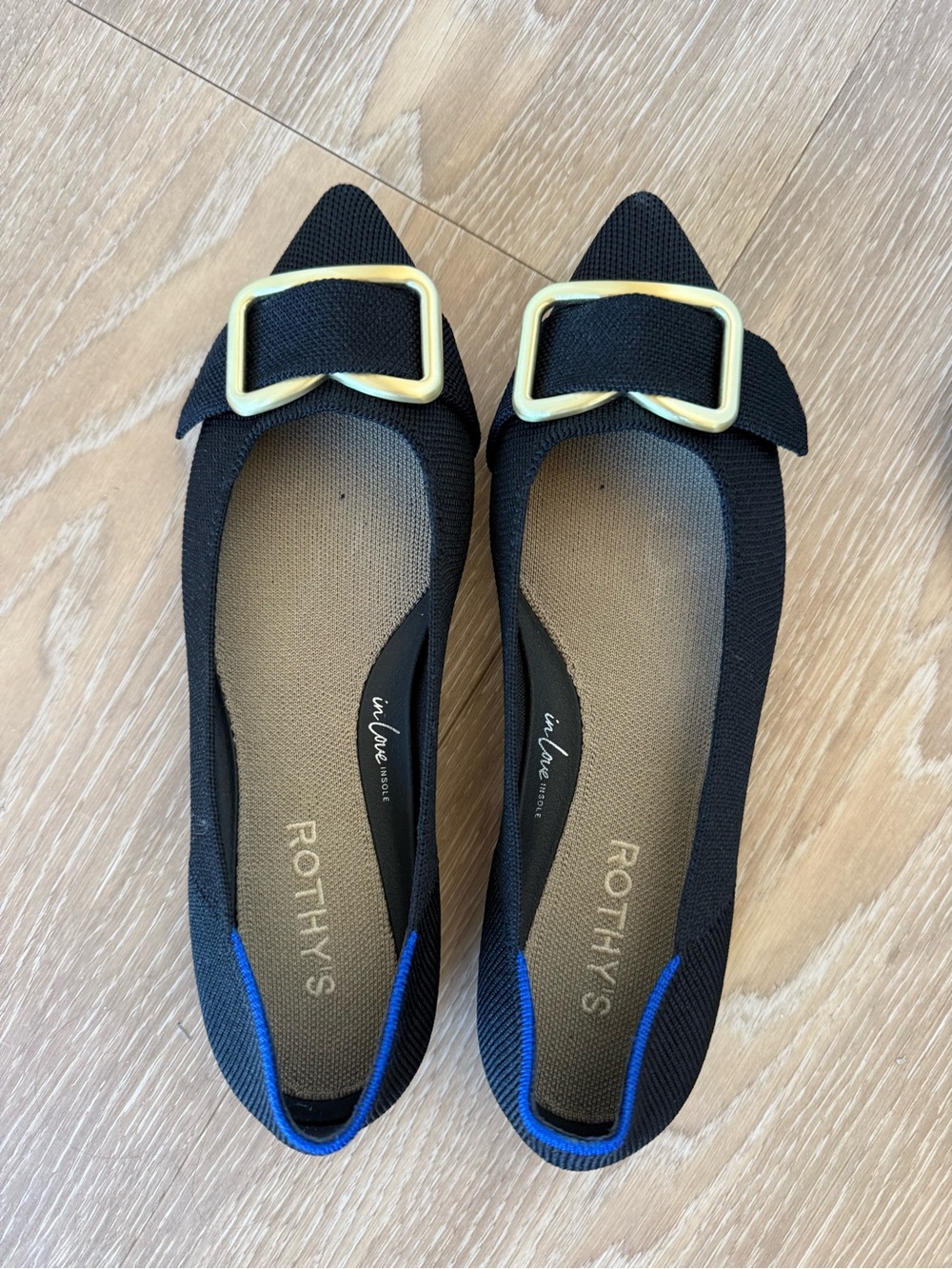 Rothy's Black Pointed Knit Flats with Gold Buckle